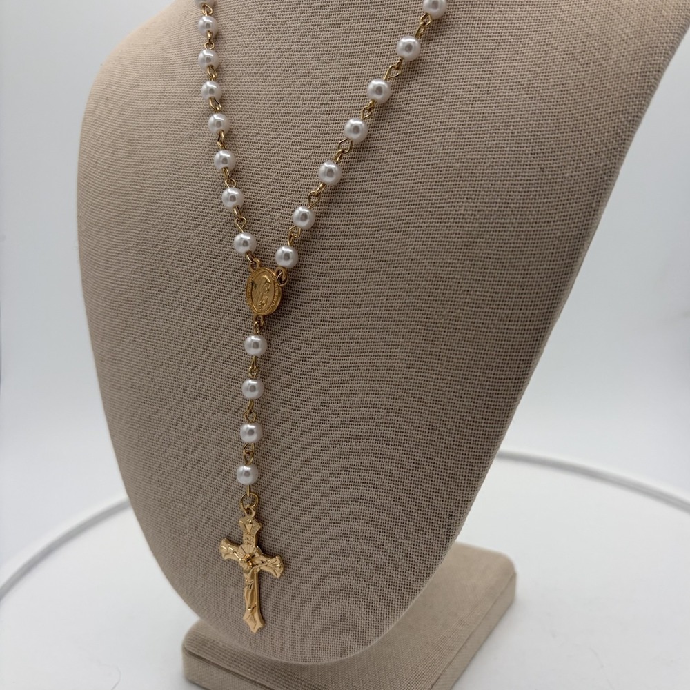 Faux Pearl Rosary Y-Necklace Gold Tone Virgin Mary Medallion Crucifix Cross